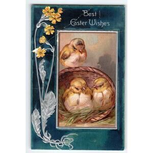 Easter Postcard Baby Chicks In Wicker Basket Embossed Vintage Germany PFB 6788